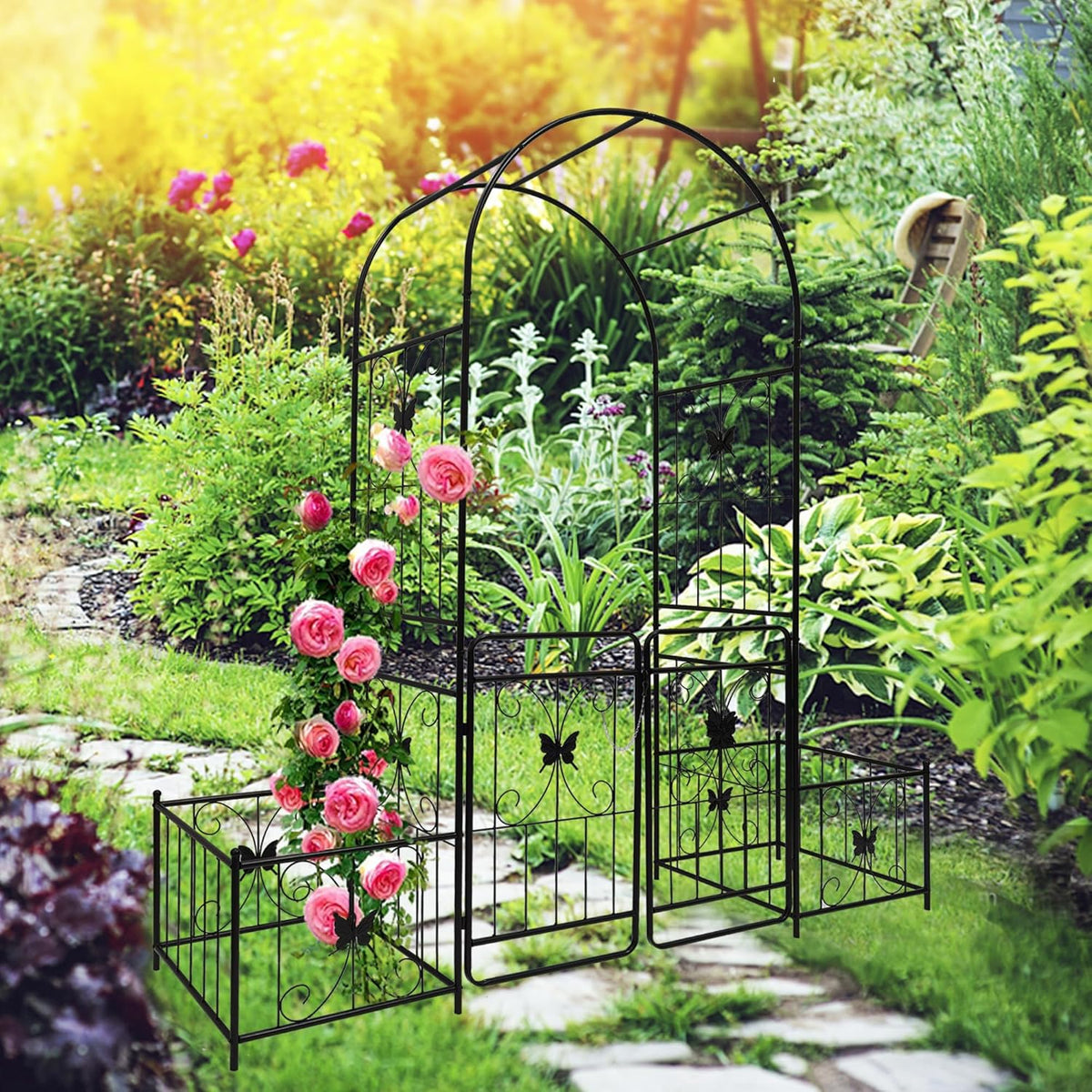 Metal Garden Arbor Arch with Gate and Plant Box, 86.6" H Garden Trellis for Outdoor Climbing Plants Garden Butterfly Decoration Support Roses Vines (Black Butterfly)