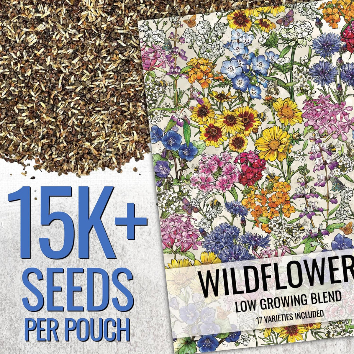 Seed Needs Low Growing Wildflower Flower Seeds for Planting | 5 Packs (1 Ounce Each) Mixture/Blend 17 Varieties | Resealable Package Multicolored Blooms Open Pollinated Mixed Species | Bulk