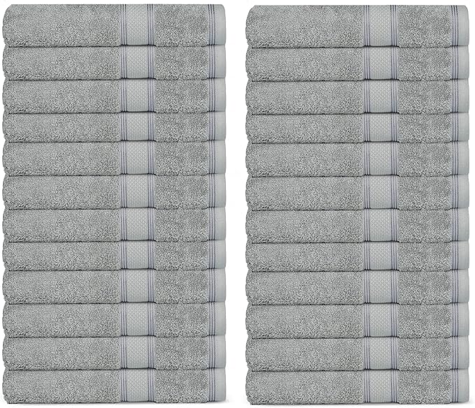 Casa Lino Face Towels & Body Wash Cloths for Showering - 100% Cotton Wash Cloths for Bathroom - Highly Absorbent & Quick Drying Washcloth Set - Cotton Washcloths 24 Pack (12" x 12") - (Silver Grey)