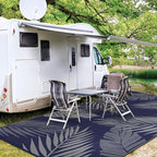 GENIMO Outdoor Rug 10' x 14' Waterproof for Patios Clearance, Reversible Outdoor Plastic Straw Camping Rug Carpet, Large Area Rugs Mats for RV, Camper, Deck, Balcony, Porch, Beach, Navy Blue&Grey