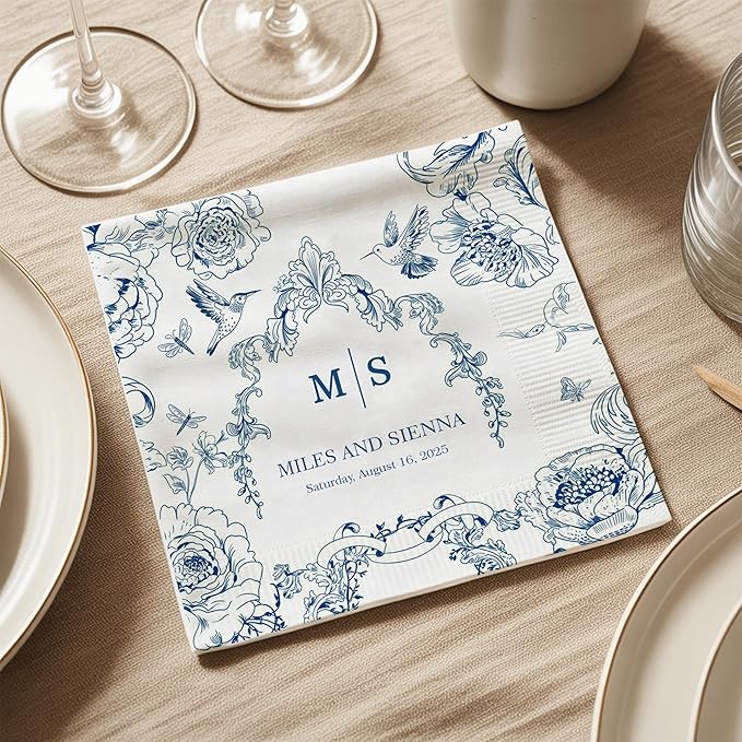 Custom Wedding Cocktail Napkins, Blue Floral Cocktail Napkins, Personalized Paper Napkin for Wedding Reception, Blue and White Flower Paper for Bridal, Engagement Party, Bridal Shower