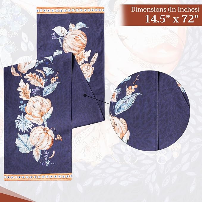 Maison d' Hermine Table Runner 100% Cotton Double Layer Table Runners 72 inches Long for Thanksgiving Christmas Decorations Home Kitchen Dining Party Wedding (Pumpkin Blues, 14.5" x 72")