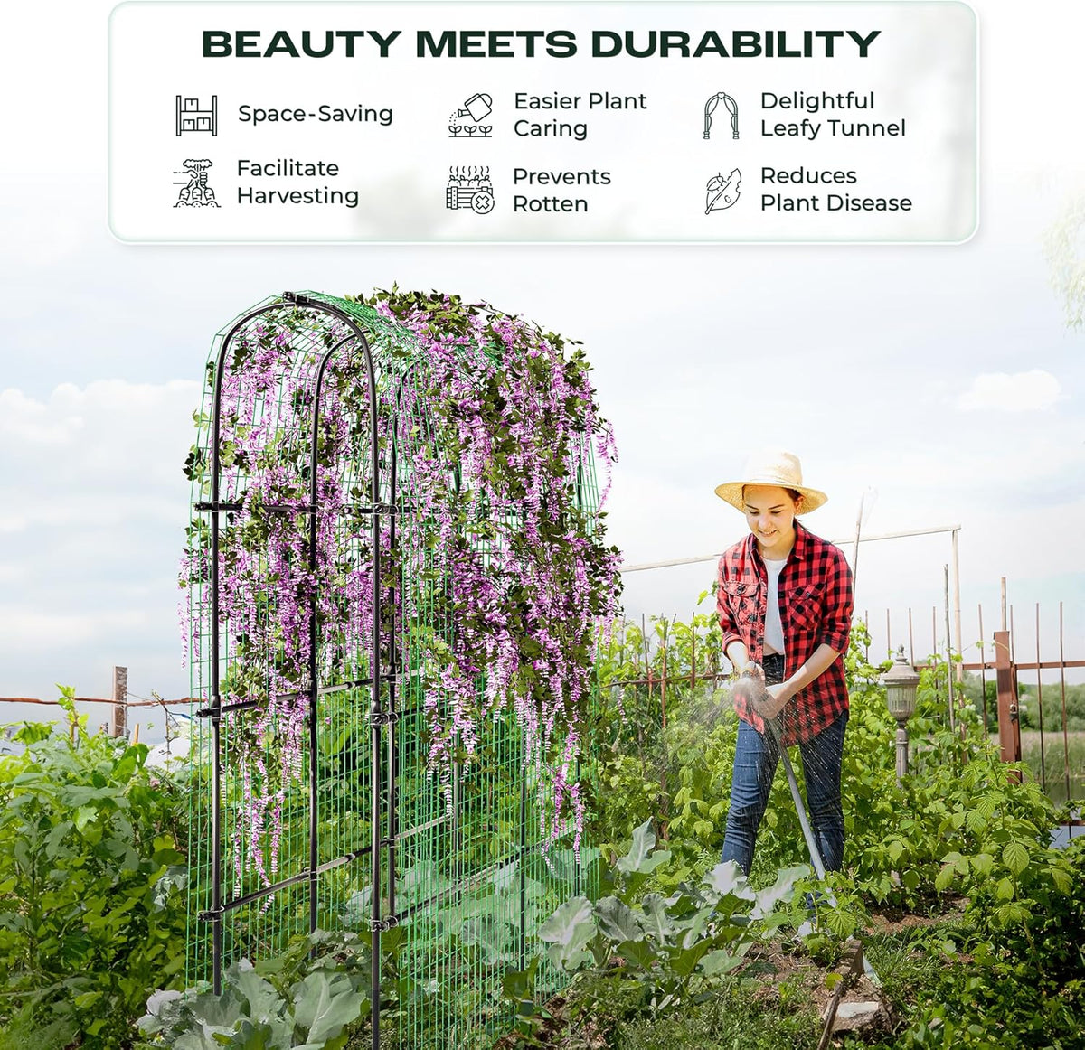 Idzo Arched Trellis for Raised Garden Bed, 70in Stainless Steel Tunnel Vegetable Trellis w PE Coating Protects Against Rust, Space-Saving Cucumber Trellis for Climbing Plants Outdoor, Easy to Maintain