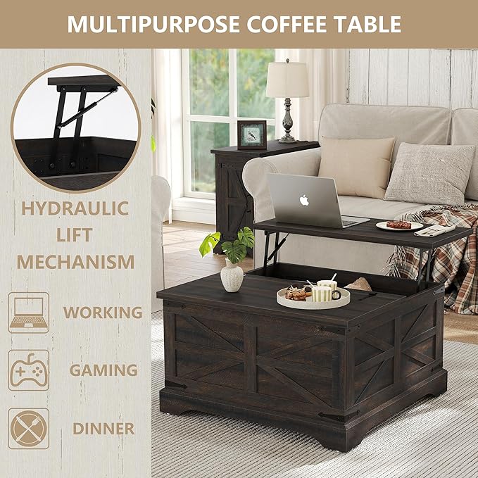 Furnideco Square Coffee Table with Storage Farmhouse Coffee Table with Lifting Top Modern Wood Center Table for Living Room Home Office, Dark Brown