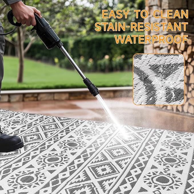 Outdoor Rug Waterproof 8x10 ft, Reversible Outdoor Plastic Straw Rug Patio Rug, RV Rugs for Outside, Outdoor Carpet for Patio Camping Deck Balcony Backyard, Black & Gray