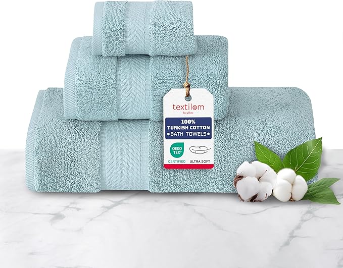 TEXTILOM 100% Turkish Cotton 3 Pcs Bath Towel Set, Luxury Bath Towels for Bathroom, Soft & Absorbent Bathroom Towels Set (1 Bathtowel, 1 Hand Towel, 1 Washcloth)- Aqua