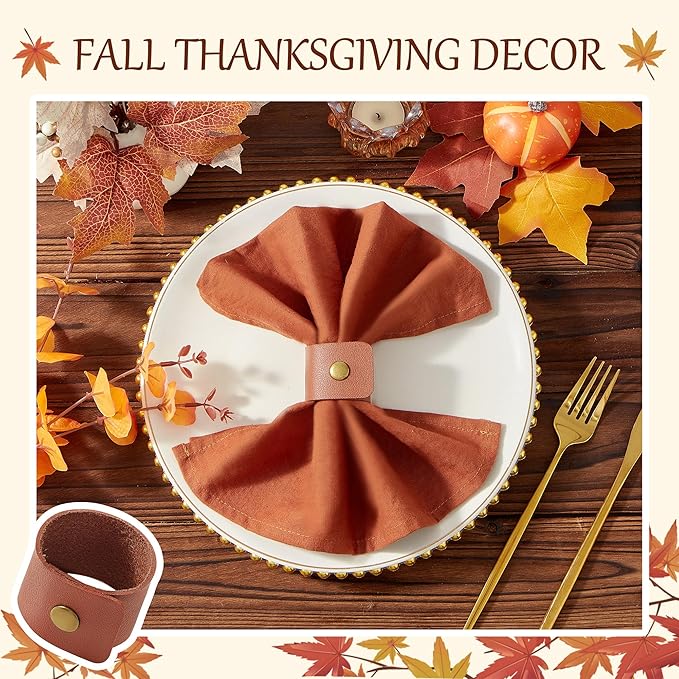 APTWOW Leather Napkin Rings Set of 12 - Fall Thanksgiving Napkin Rings Bulk, Brown Vintage Farmhouse Napkin Holder for Wedding Party Birthday Banquet Table Decor and Daily Use