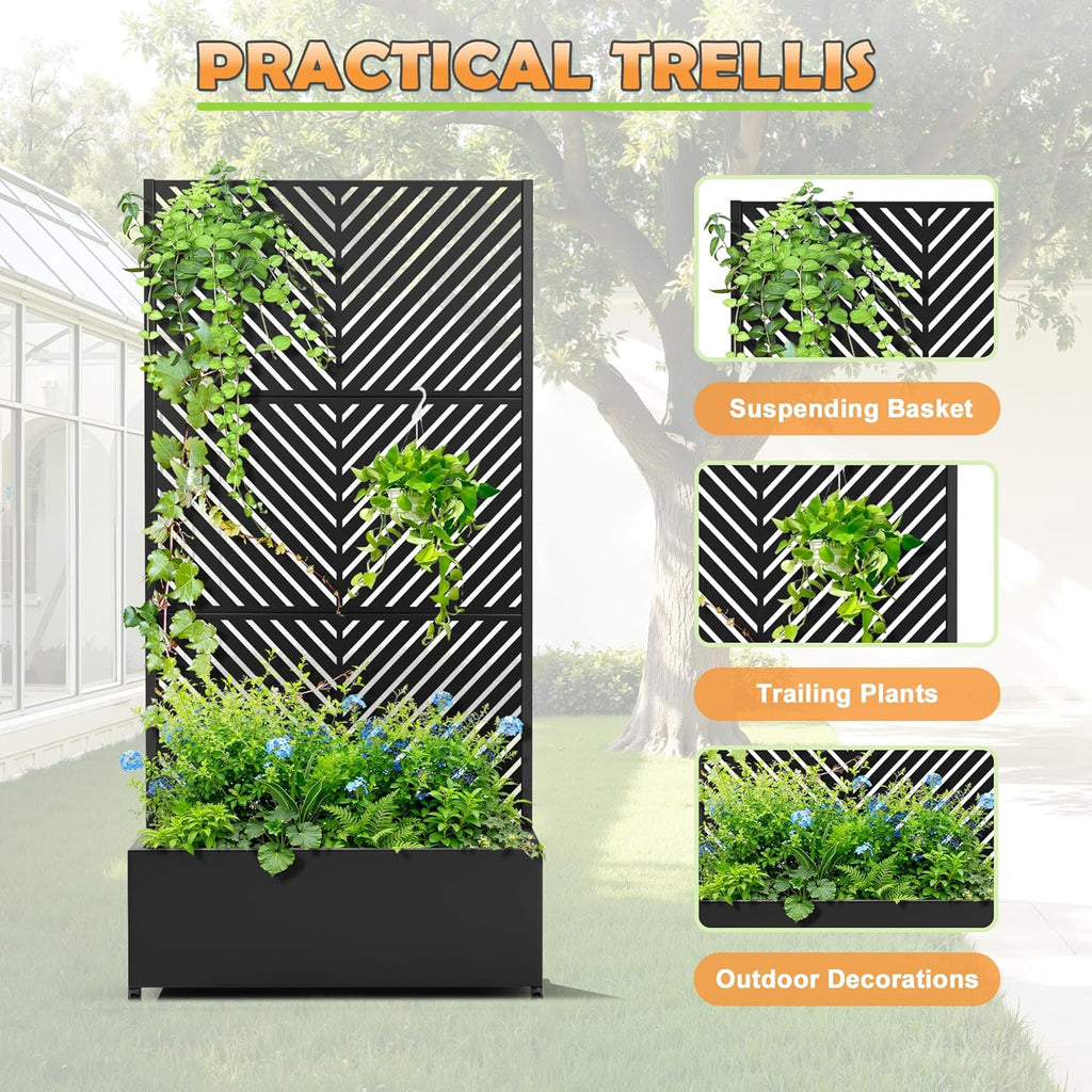 Metal Raised Garden Bed with Trellis, 2-in-1 Planter Box & Privacy Screen for Climbing Plants, Outdoor Standing Flower Bed with Drainage Holes, 35.4" L x 15.7" W x 70.1" H, Black-Parallel