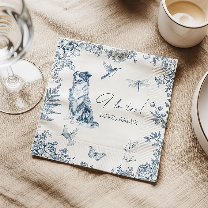 Luxury Personalized Dog Wedding Napkins, Custom Wedding Cocktail Napkins, Cocktail Bar Napkin For Reception, Napkin for Pet Lovers, Anniversary, Bridal, Engagement Party, Bridal Shower