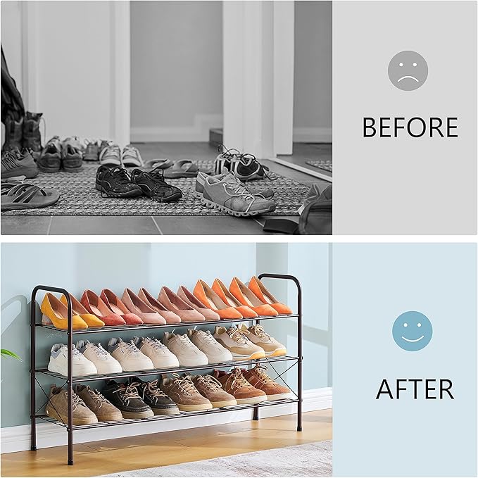 Hoctieon 3 Tier Mesh Style Shoe Rack, Entryway Shoe Shelf, Shoe Storage Organizer, Shoe Rack for Closet, Space Save for Bathroom, Garage, Hallway, Bedroom, Living Room, Brown