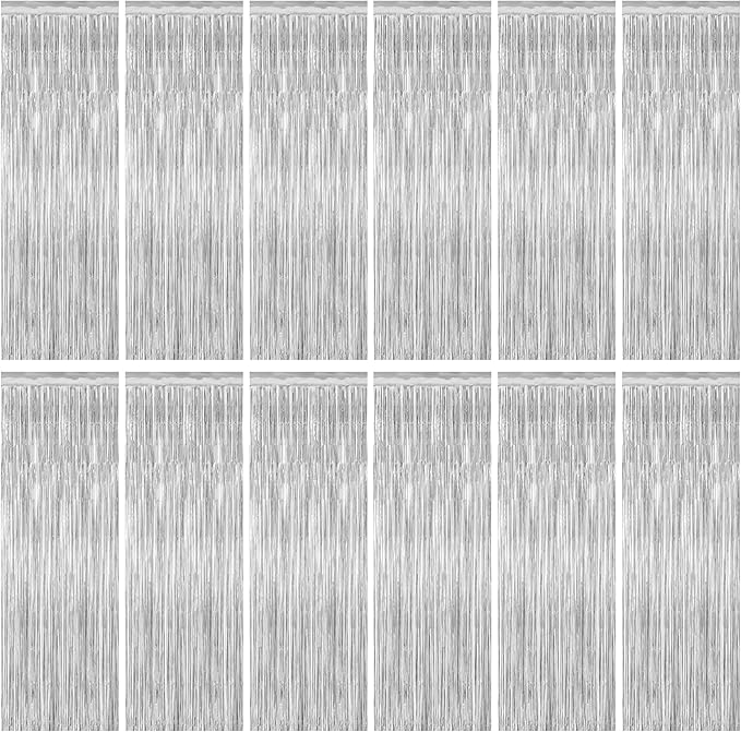 12 Pack Silver Backdrop. 3.28 FT x 7.05 FT Birthday Decorations, Metallic Silver Fringe Backdrop Foil Curtains Tinsel, Disco Party Decor Photo Booth Props Door Decorations Hanging