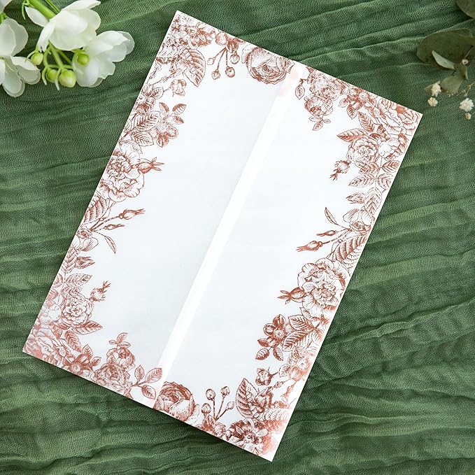 PONATIA 50 PCS Vellum Jackets for 5x7 Wedding Invitation Cards- 135gsm Floral Printed Vellum Sleeves, Invitation Cards Wraps (Rose Gold Foil)