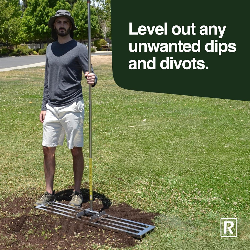 Rocklin™ Lawn Leveling Rake | Levelawn Tool | Level Soil or Dirt Ground Surfaces Easily | 48” x 10” Ground Plate | 78” Extra Long Handle | Stainless Steel