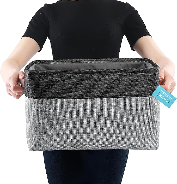 OrganiHaus Extra Large Fabric Storage Bins for Shelves 16x13in, Closet Storage Baskets for Shelf Organizing, Canvas Rectangle Bins for Organization, Linnen Baskets for Organizing - Gray/Black