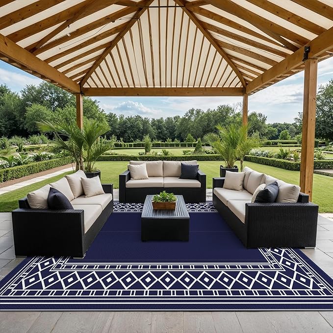 GENIMO Outdoor Rug Waterproof Area 10'x14' for Patio, Foldable Reversible Plastic Straw Carpet for Travel Trailers, Outside Mat for Rv, Deck, Picnic, Porch, Camper, Balcony, Beach, Blue & White