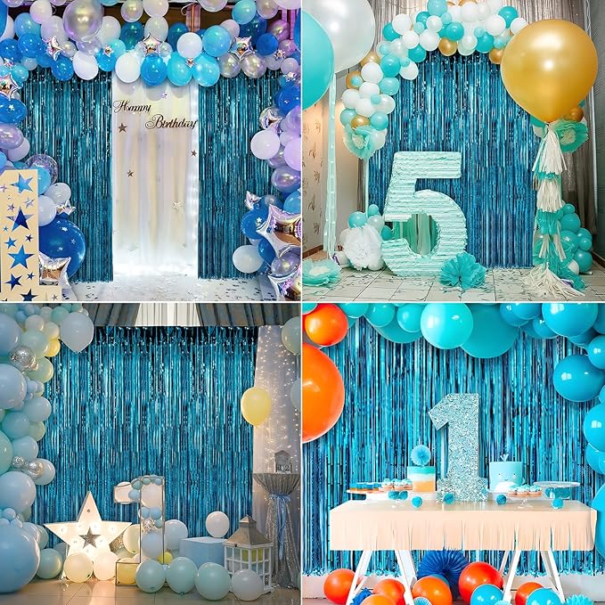 Crosize 4 Pack 3.3 x 9.9 ft Foil Fringe Curtains Party Decorations, Blue Tinsel Curtain Backdrop for Parties, Door Streamers, Glitter Streamer Fringe Backdrop for Birthday Decoration (Blue)