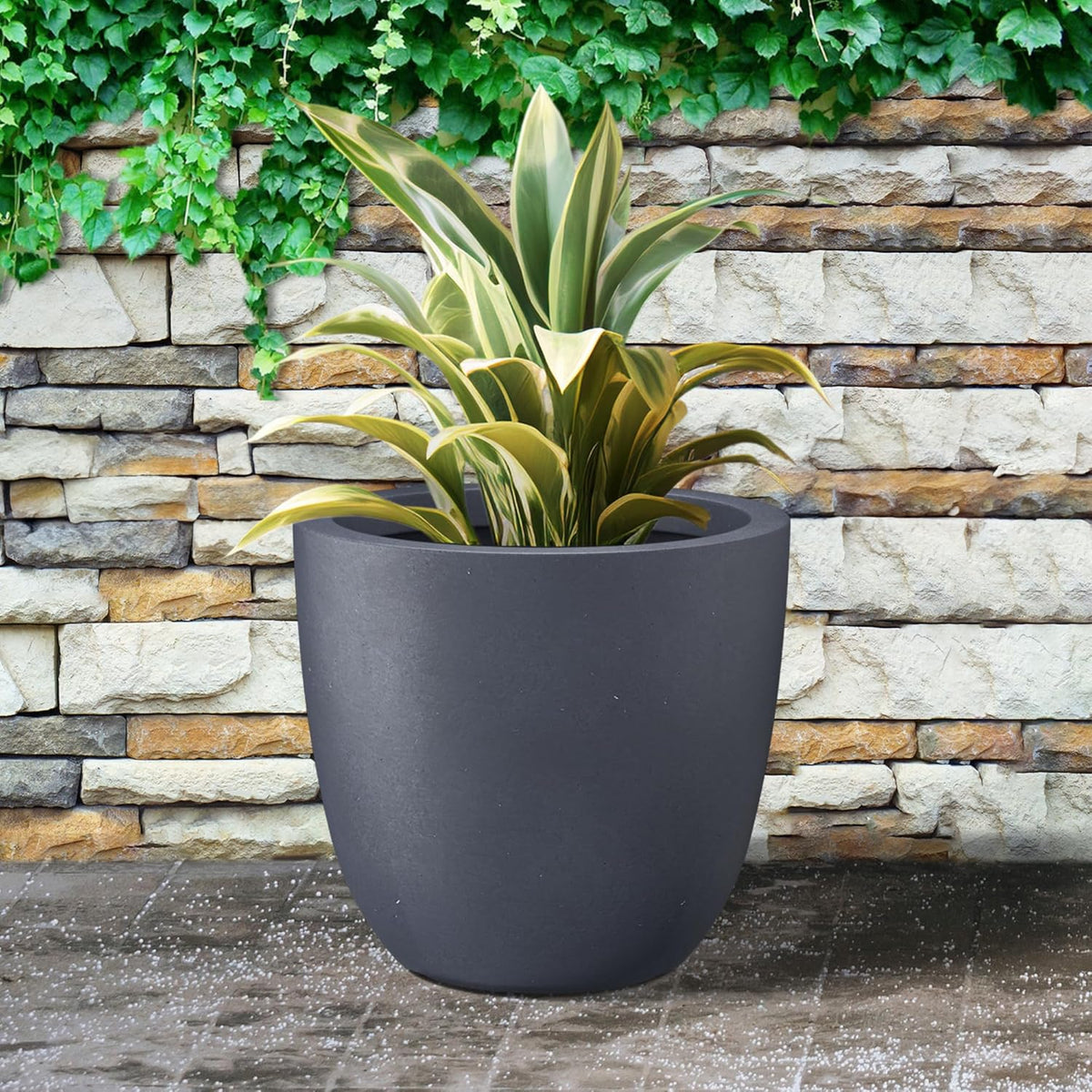 Kante 18 Inch Dia Round Concrete Planter, Indoor Outdoor Large Plant Pot with Drainage Hole and Rubber Plug for Home Patio Garden, Charcoal