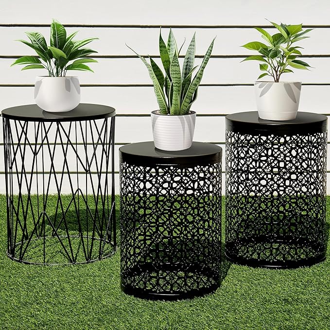Y&M Set of 3 Stacking Coffee Table for Living Room, Nesting Side Table,Indoor End Tables for Bedroom, Outdoor Decorative Garden Stool with Heavy Duty Metal Frame Modern Industrial Decor - Black