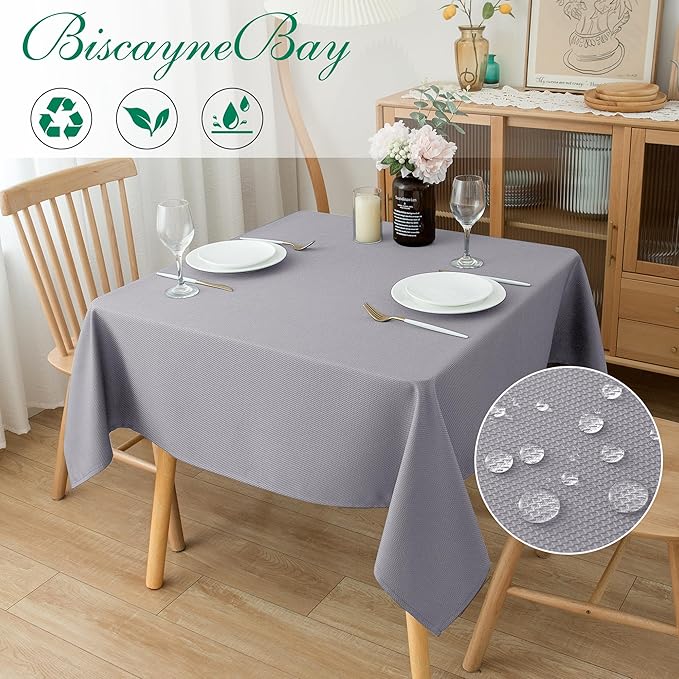 Biscaynebay Textured Fabric Square Tablecloths 70x70 Inches, Silver Grey Water Resistant Spill Proof Card Table Cloth Folding Table Cover for Dining, Kitchen, Wedding and Parties, Machine Washable