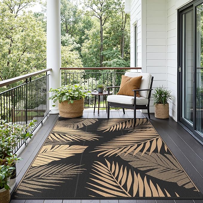 Outdoor Rug 9’x12’ Waterproof for Patio Clearance, Reversible Indoor Outdoor Plastic Straw Camping Rug Carpet, RV Mat, Large Area Rug for Deck, Backyard, Balcony, Porch, Beach, Black & Brown