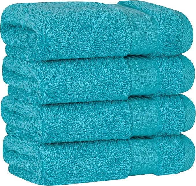 Cotton Paradise 100% Cotton Turkish Washcloth Set for Bathroom, 4 Piece Soft Absorbent Small Hand Face Towels Wash Rags, Aqua Blue