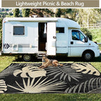 Waterproof Outdoor Rug 8x10 ft, Reversible Plastic Straw Mat with Leaf Pattern, Large Floor Mat for Patio, Camping, Picnic, Backyard RV, Deck, Black