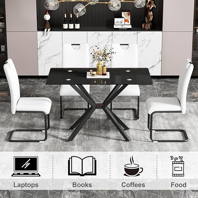 47.24" Rectangular Glass Dining Table Modern Kitchen Glass Top Table for 4 with Black Metal Legs, Clear Dining Table Kitchen Table for Home Office Dining Room