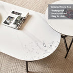 Oval Marble Coffee Table 47.2Inch Modern Living Room Center Table with Sintered Stone Top Dark Grey MDF Bottom Shelf 2-Layer, Sturdy Steel Frame