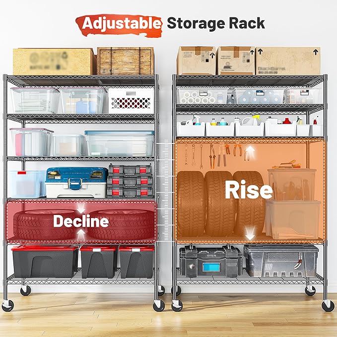 82" H X45 W X18 D Storage Shelves with Wheels, 6 Tier Wire Shelving Adjustable Metal Shelving Pantry Shelves Capacity 1200LBS for Garage Shelving, Pantry, Kitchen, Closet, Black
