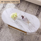 OKD Modern Luxury Fluted Coffee Table, 48" Oval Coffee Table with Drawer, Faux Marble Top, Curved Profile Design, Gold Metal Decor, Center Table for Living Room, Off White