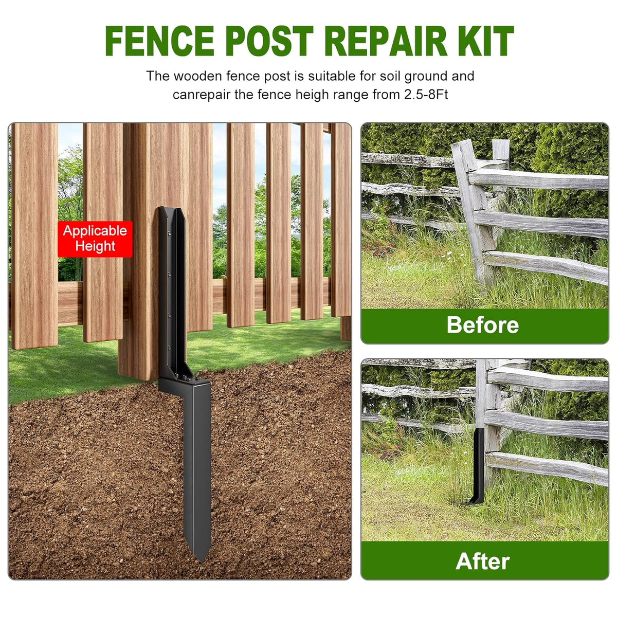Fence Post Repair Kit，Heavy Duty Steel Fence Post Anchor Ground Spike ，Quick Fix Broken/Leaning Wood Posts with，and Fixed Fence Posts（8-Pack）