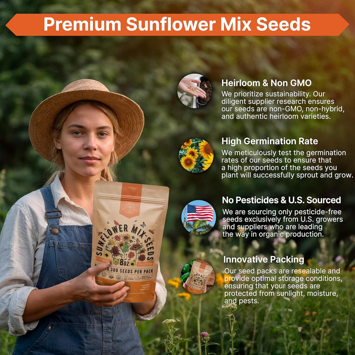 Sunflower Mix Seeds Pack 8 oz - Over 10,300 Non-GMO Heirloom Sunflower Seeds for Planting, Annual Flowers in Individual Seed Packet for Planting Home Garden Indoor & Outdoor Gardening