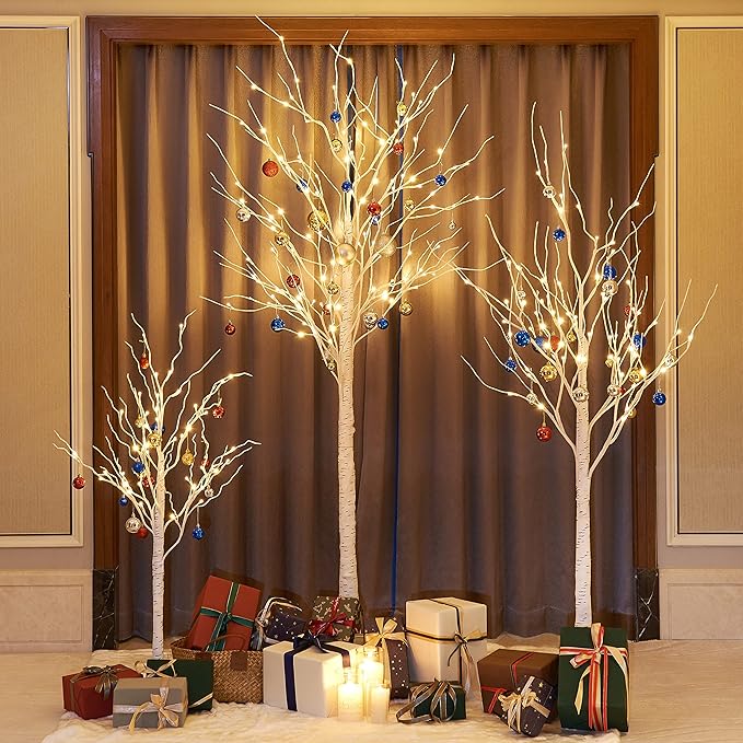 LIGHTSHARE LED Birch Tree Light Set - 4ft, 6ft, 8ft Trees with Warm White Lights - Indoor Outdoor Christmas Wedding Party Decorations (3-Pack)