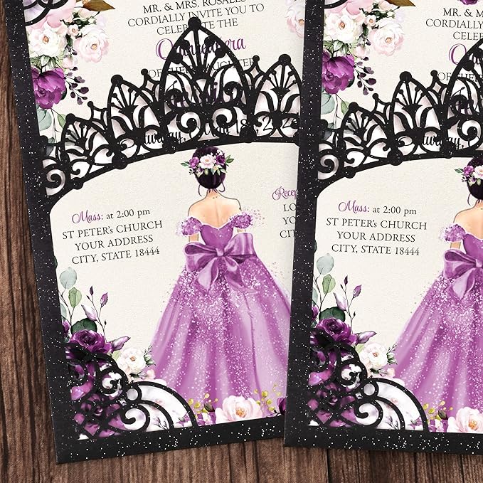 50Pcs Purple Crown Invitations for Quinceanera, 15 year, Sweet 16, Miss XV, Birthday Laser Cut Quince Invitation Cards Personalized Pearlized Black