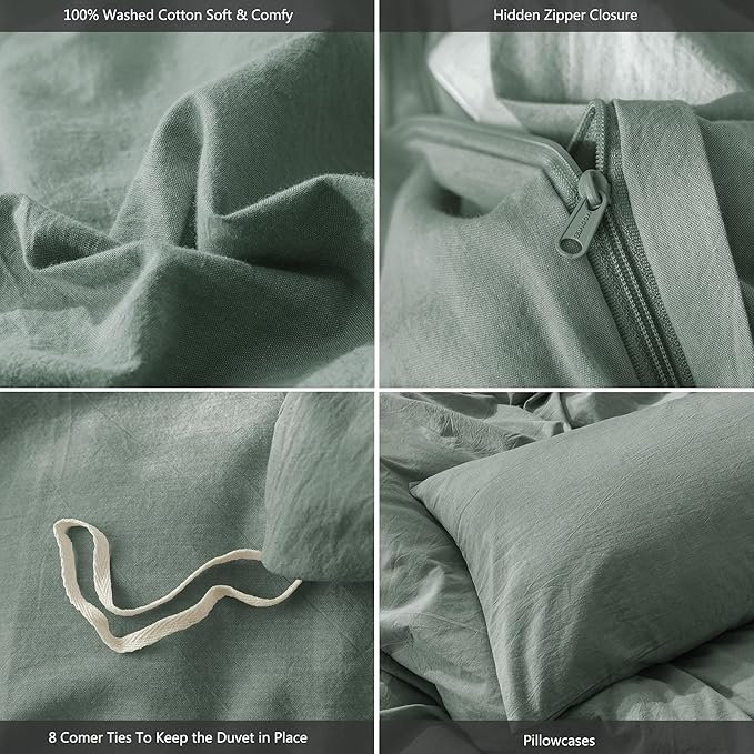 MooMee Bedding Duvet Cover Set 100% Washed Cotton Linen Like Textured Breathable Durable Soft Comfy (Heathered Green, Palatial King/Oversized King 120"x98")