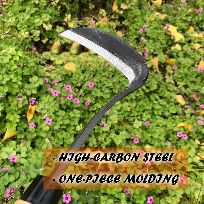 SHANFEEK Japanese Weeding Sickle Hoe Gardening Tools 13-Inch Weed Remover Tool High-Carbon Steel One-Piece Molding with Hard Solid Wood Handle(Snake-Necked)