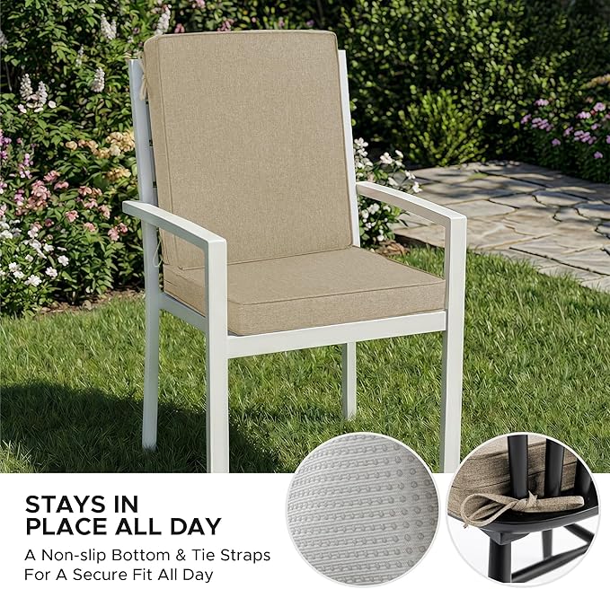 Outdoor Chair Cushions, Water-Resistant & Fade-Resistant, Patio Furniture Lawn Dining Chair Seat Replacement with Mid Back, Ties Zipper, Removable Cover, 18 x 16.5 Inch, Set of 2, Natural