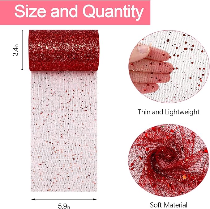 Glitter Tulle Rolls, 6” by 50 Yards (150FT) Sparkling Tulle Spool Ribbon Sequin Tulle Netting Fabric for Tutu Skirt Wedding Birthday Baby Shower (Burgundy)