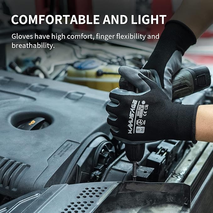 MANUSAGE Safety Work Gloves - Protective Glove for Men & Women - Ultrathin Hand Protection - For Construction, Gardening, Landscaping - Black - Size L - 6 Pairs