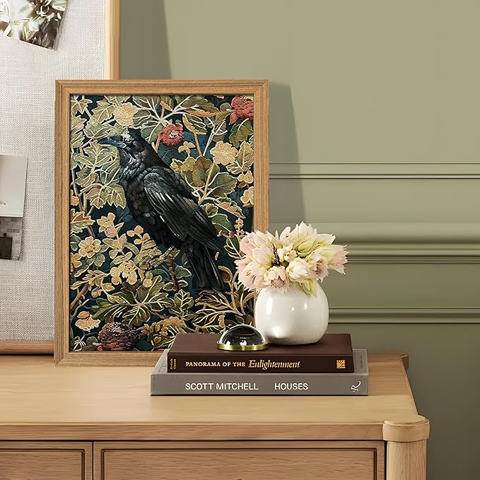 AKWISH Framed 3D Textured Vintage Wall Art - Dark Academia Decor Hand Drawn Sandstone Black Crow Paintings with Botanical Florals, Aesthetic Wall Decor for Living Room Bedroom Home 12x16 inch