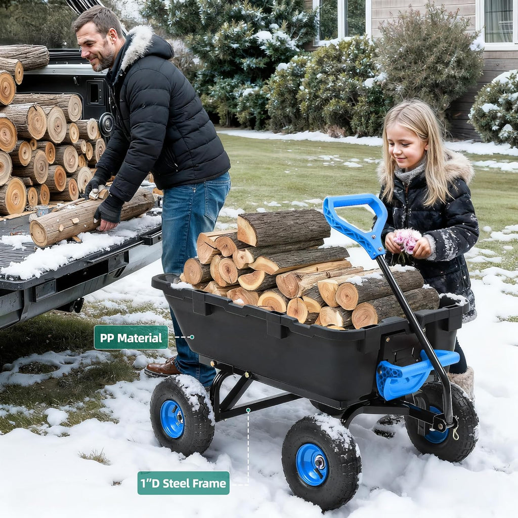 800lb Garden Dump Cart,Utility Wagon Wheelbarrows with Quick-Release System&4 Pneumatic Tires,Heavy Duty Yard Dump Wagon with Steel Frame for Yard, Farm, Garden and Holiday Hauling (Blue)
