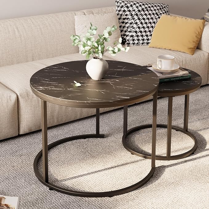 aboxoo Round Nesting Coffee Table Side Set of 2 End Tables for Living Room Bedroom Balcony,Black Faux Marble Wooden Table 23.6IN Accent Large Coffee Table with Steel Frame