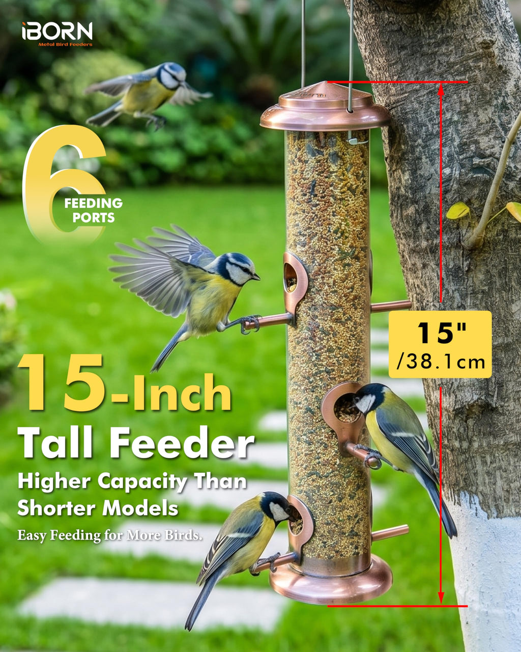 Bird Feeders for Outdoors 15" 6 Ports Chew-Resistant, Copper-Plating, 1PK