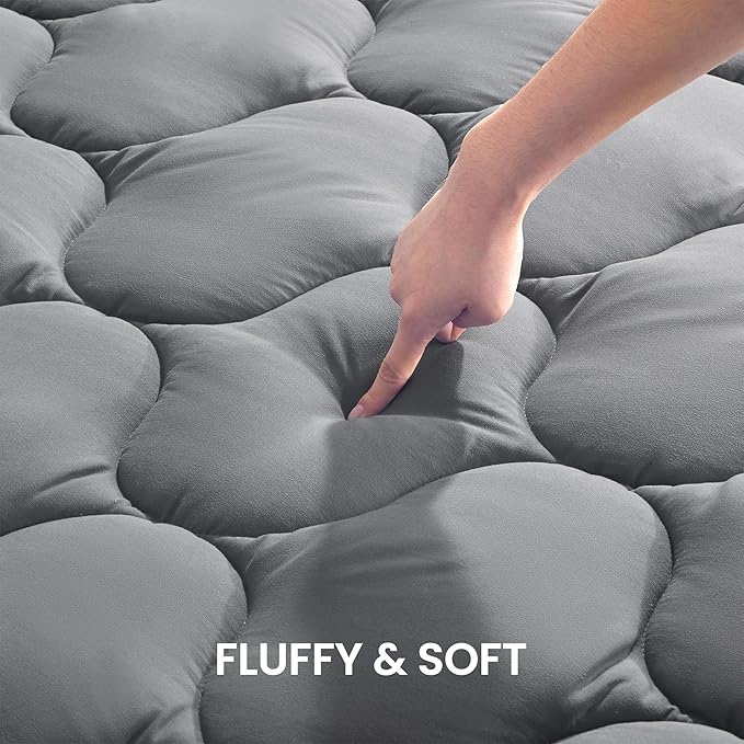 SLEEP ZONE Bedding Quilted Fitted Twin Mattress Pad Cover, Soft Fluffy Pillow Top Bed Mattress Topper Deep Pocket 8-21 inch, Washable (Grey, Twin)