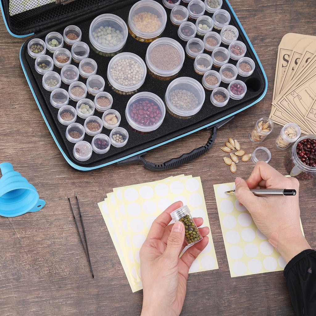 48 Slots Seed Storage Organizer Box, Garden Vegetable Plant Flower Seeds Saving kit with Write Label Funnel Tweezer 2 Sizes Storage Bottles