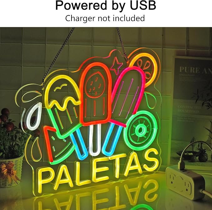 CNBEYOUNG Paletas Neon Sign, Neon Lights Hanging Wall Art Decoration for Mexican Restaurant Popsicle Ice Pop Shop Bar Kitchen Party Home Decor, USB - Driven, Super Bright & Adjustable,16x 12.6inches