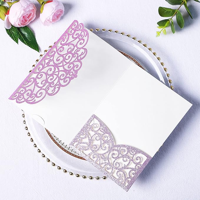 PONATIA 20 PCS Laser Cut Wedding Invitations Pockets with Envelopes for Wedding Party Bridal Shower Engagement Birthday Invite (Purple Glitter)