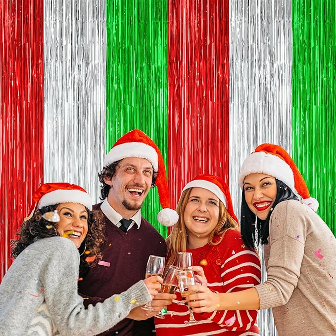 12 Pack Christmas Party Backdrop, 3.28 FT x 7.05 FT Red Silver Green Foil Streamer, Metallic Fringe Curtains Tinsel Streamer, Hanging Christmas Decorations Picture Props Door Decor