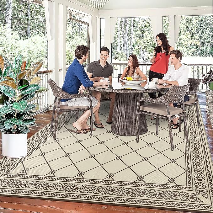 HiiARug 8x10 Outdoor Rug Outdoor Patio Rug, Reversible Waterproof Plastic Straw Rug Large Outdoor Rugs (8x10Ft, Brown)