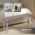Solid Wood Acacia Indoor Bench with Natural Woven Water Hyacinth Seat, Wood Bench for Living Room or Entryway, Vintage Bench, Fishbone Style, Grey Leg